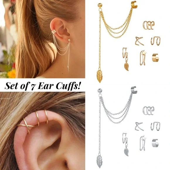 7 Pcs Ear Cuff Set Dangle Feather Star Earring - Picture 1 of 16